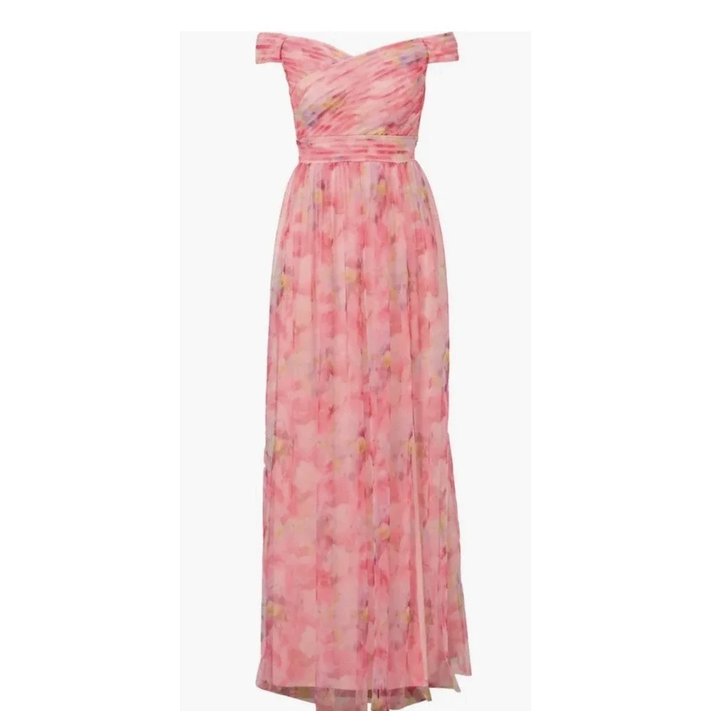 Adrianna Papell Off-the-Shoulder Floral Tulle Pink Gown Size US 8 Petite $300 - Picture 4 of 14